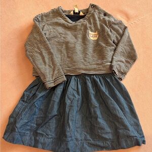 Joules Navy Striped Cat Long Sleeve Dress with Denim Skirt 2Y Cotton